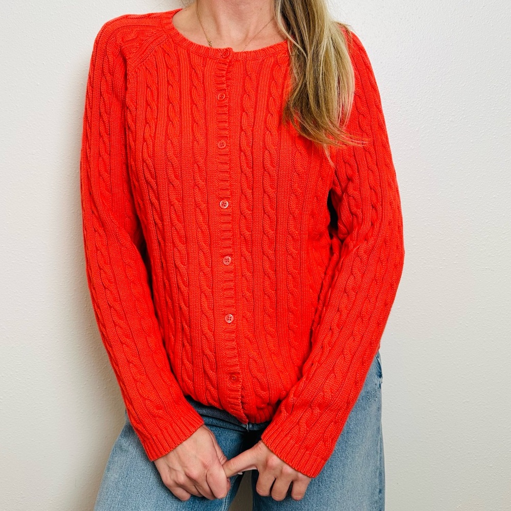 Vintage L.L.Bean Cable Knit Cardigan Sweater Salmon Color - Picture 4 of 8